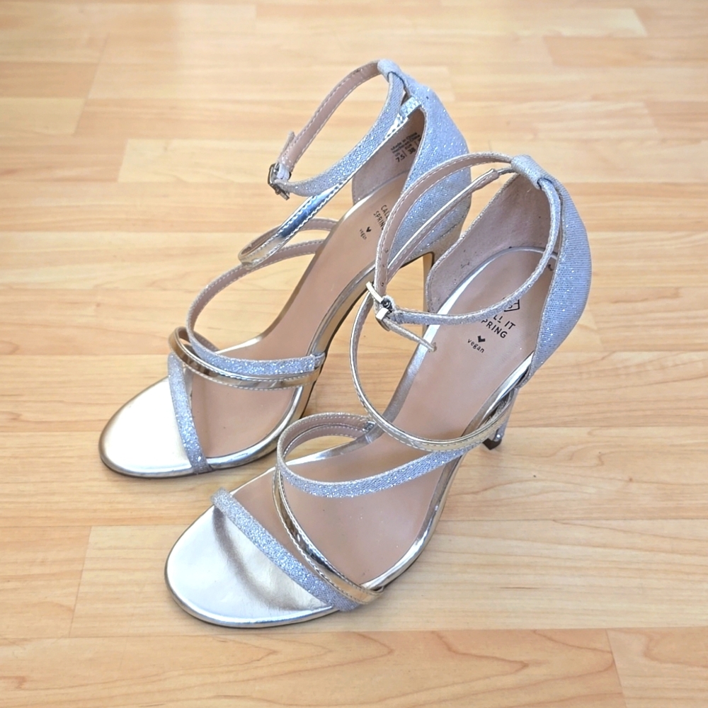 Call It Spring Vegan Open Toe Ankle Strap Silver High Heels Size 7.5